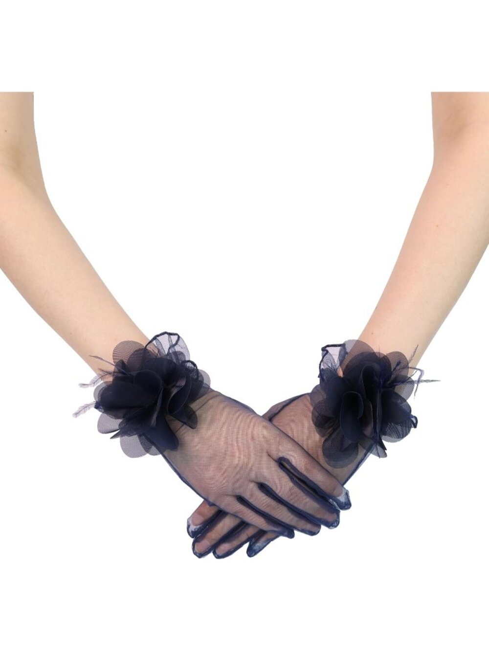 Women's Navy Blue 100% Nylon Sheer Floral Wedding Tea Party Short Tulle Glove